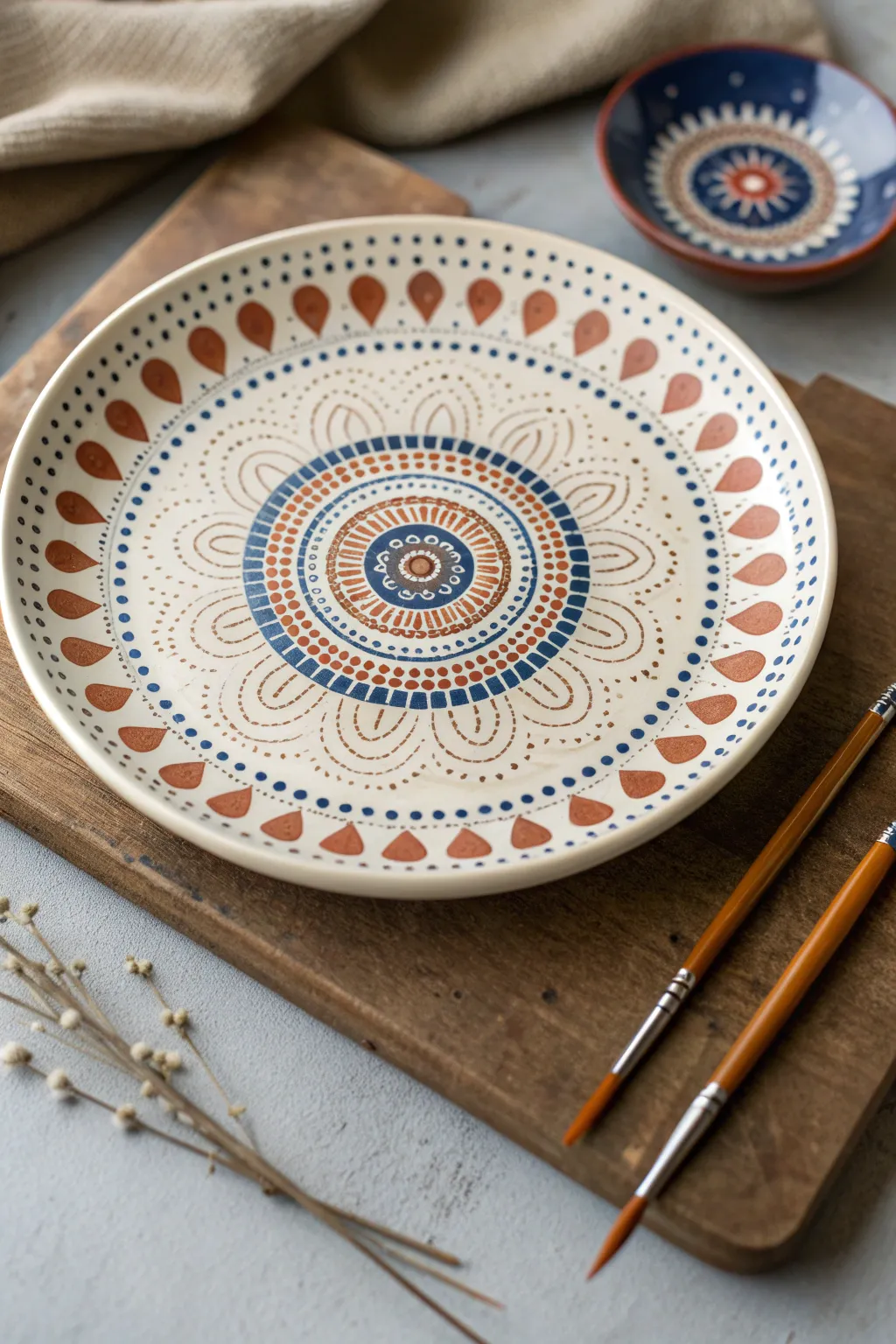 Dot mandala centerpiece idea for clean modern pottery with a hint of boho color.