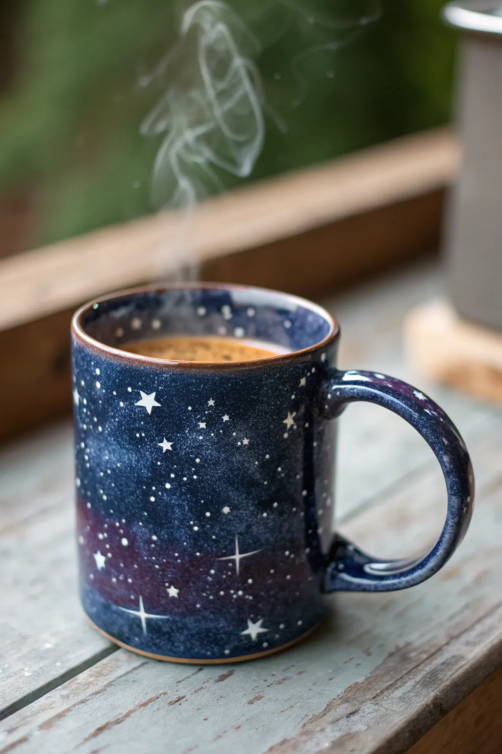 Starry night mug painting idea: deep navy gradient with splatter stars and a warm, glowing drink