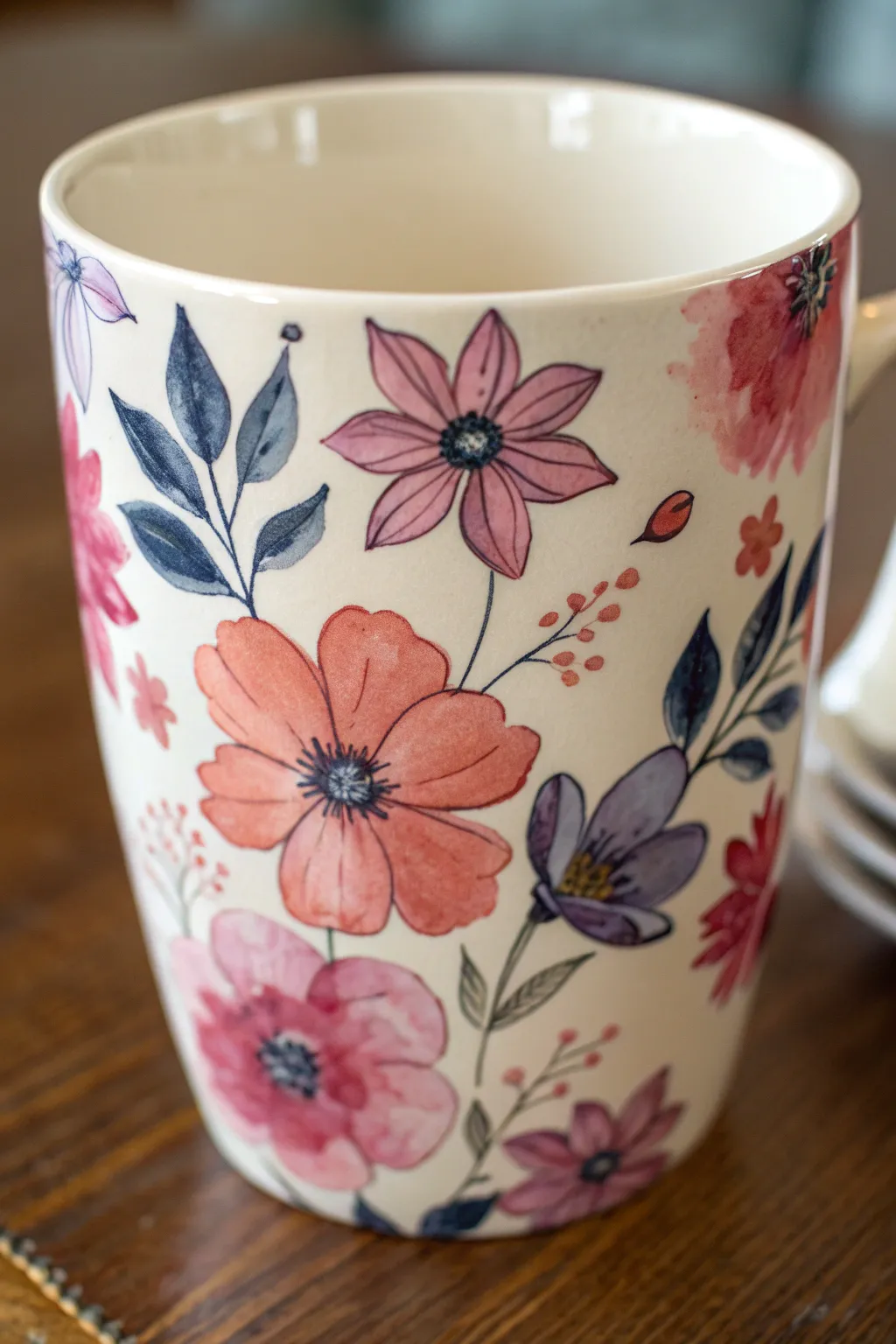Soft watercolor petals on a hand-painted mug, blended glaze for an airy floral finish.