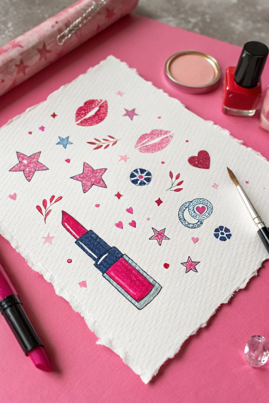 Y2K glam painting inspo: a cute sticker cluster of lip gloss, chunky rings, and sparkles.