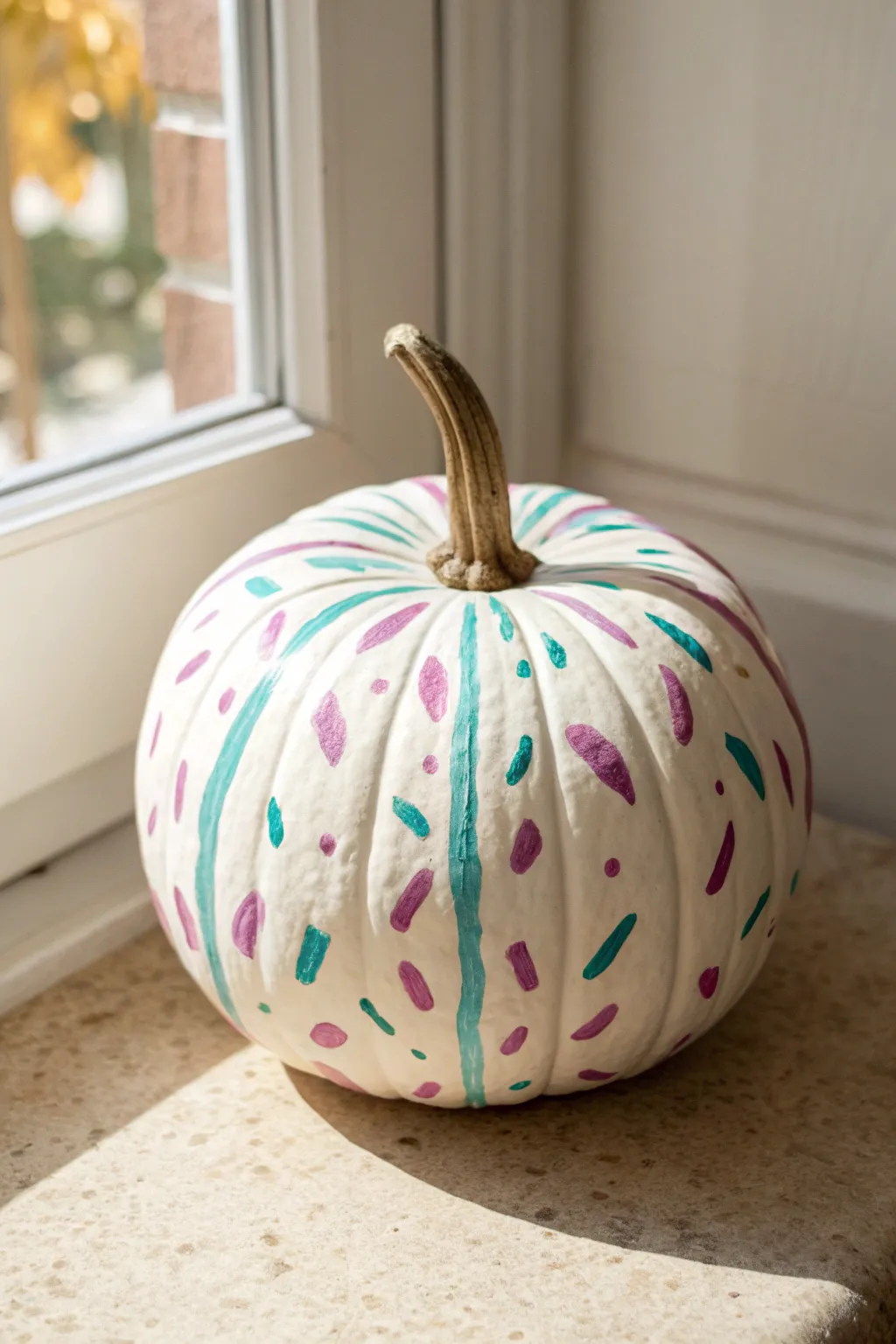Preppy pumpkin art with teal, lavender, and pink squiggles and confetti on a clean backdrop.