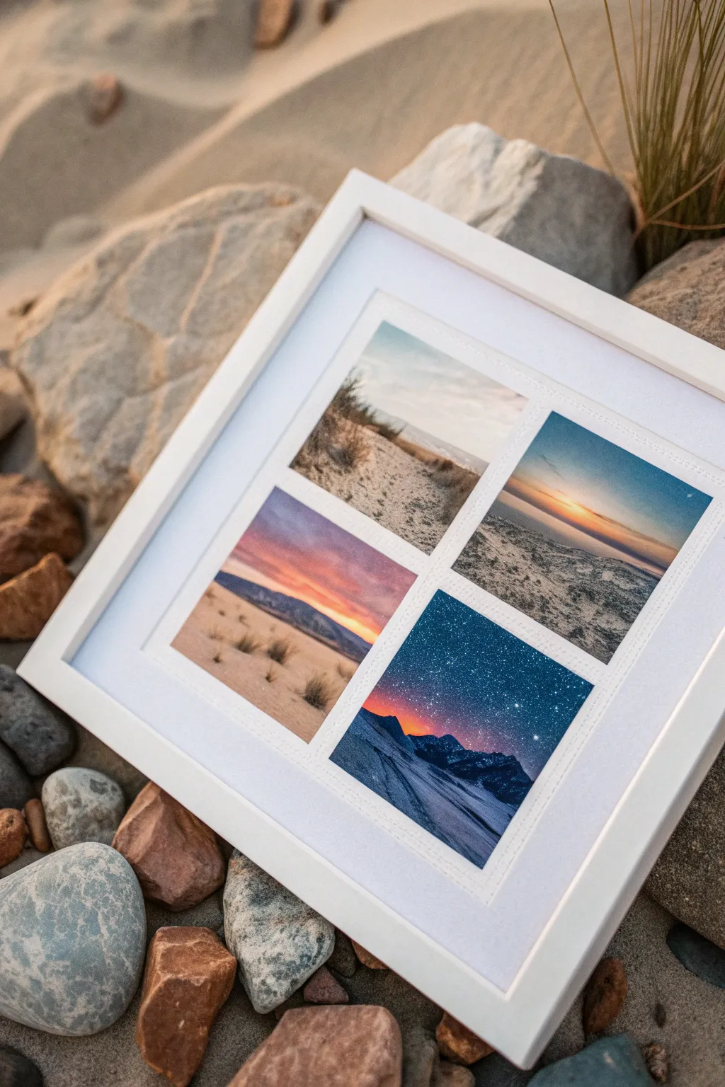 Polaroid-style mini landscapes in a collectible grid, bold pigments and crisp white frames