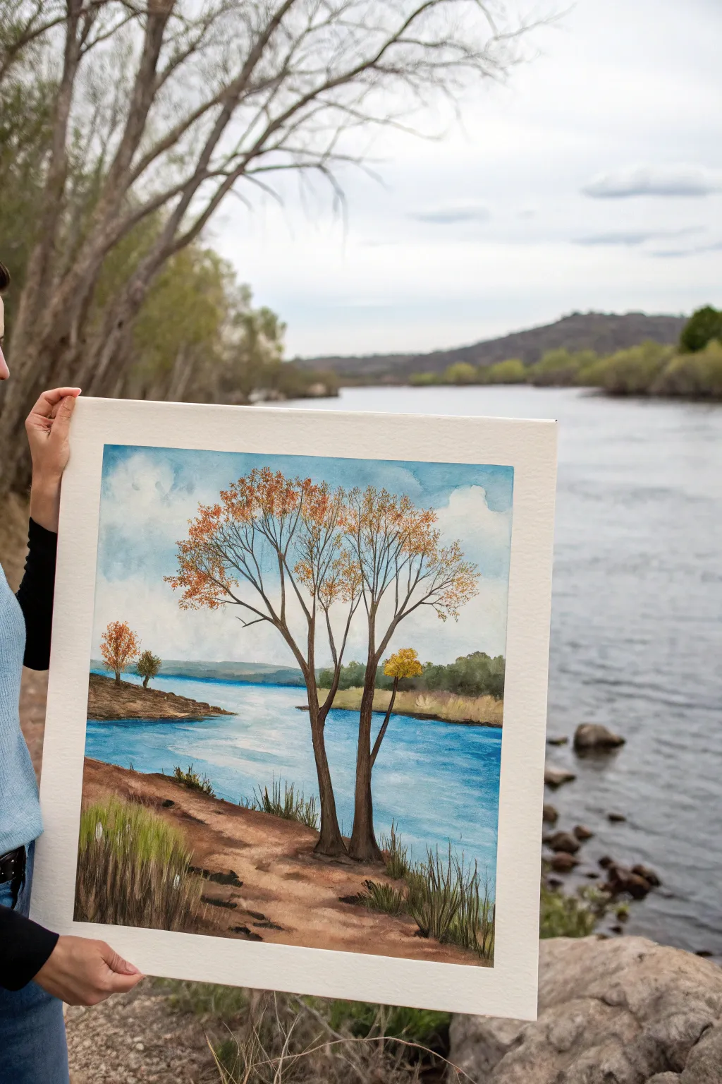 Primitive river landscape with flat trees and bold color blocks, simple, calm, and beginner-friendly.