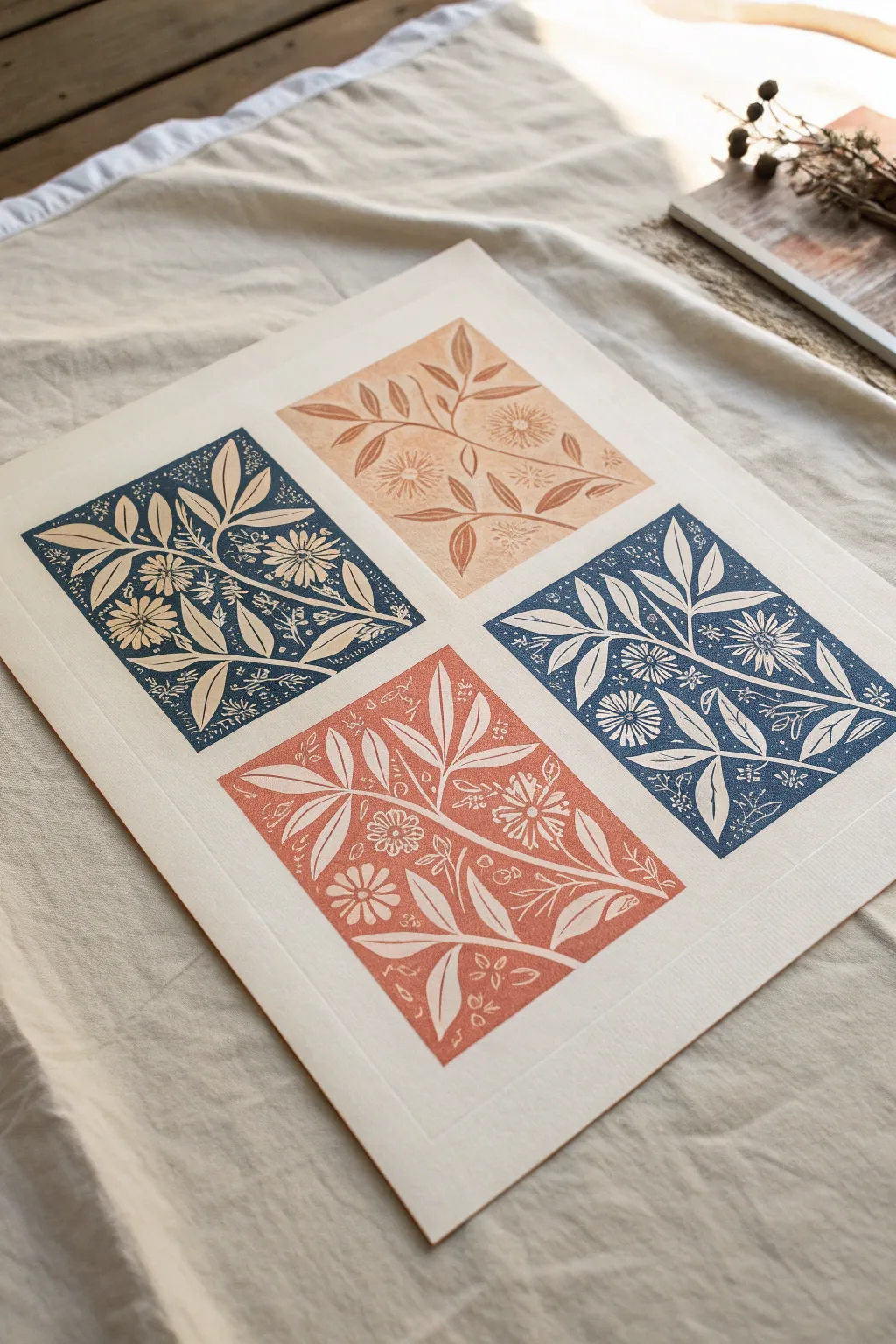 Reduction print color build-up: four clean stages from light peach to deep indigo-black