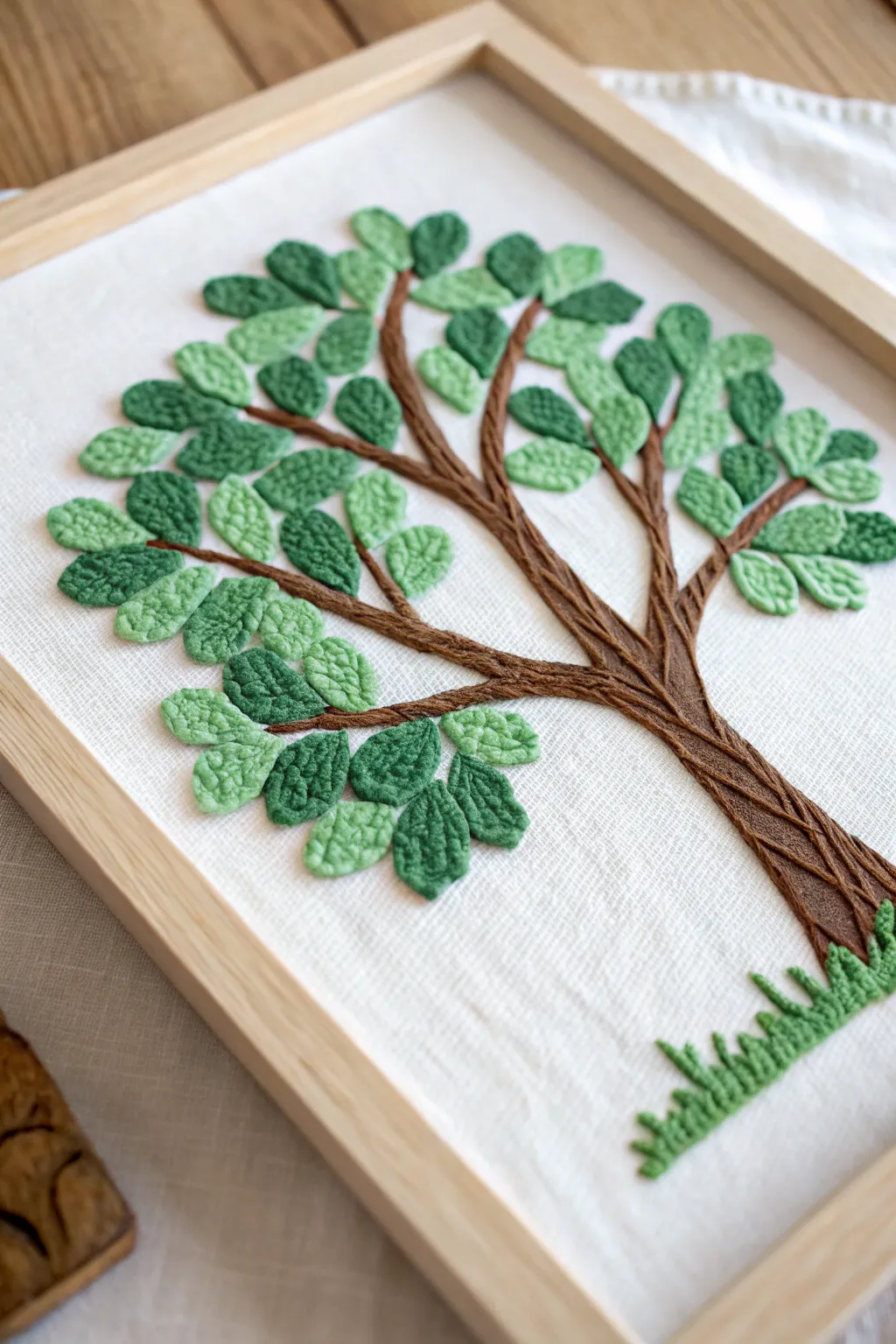 Chunky layered puffy paint leaves turn a simple tree into a touchable minimalist art piece.