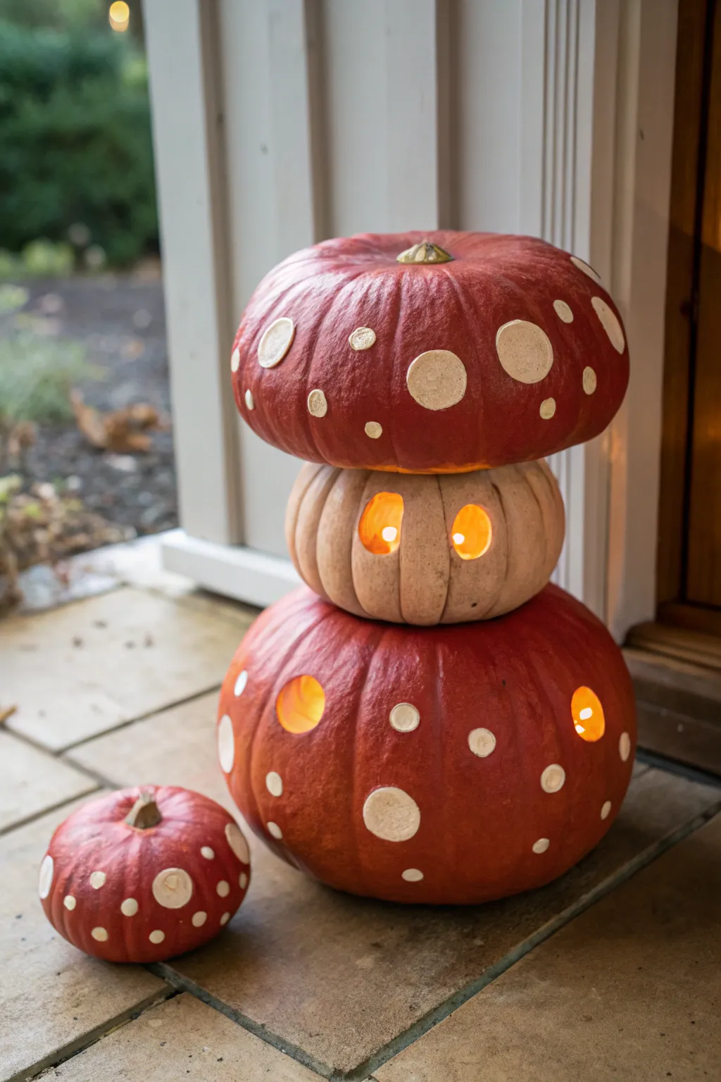 Stacked pumpkin mushroom lantern with bold painted spots and glowing carved dots inside