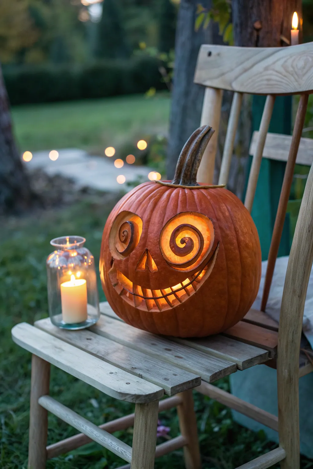 Pumpkin with swirly eyes and a crooked grin, glowing on a wooden chair in soft evening light.
