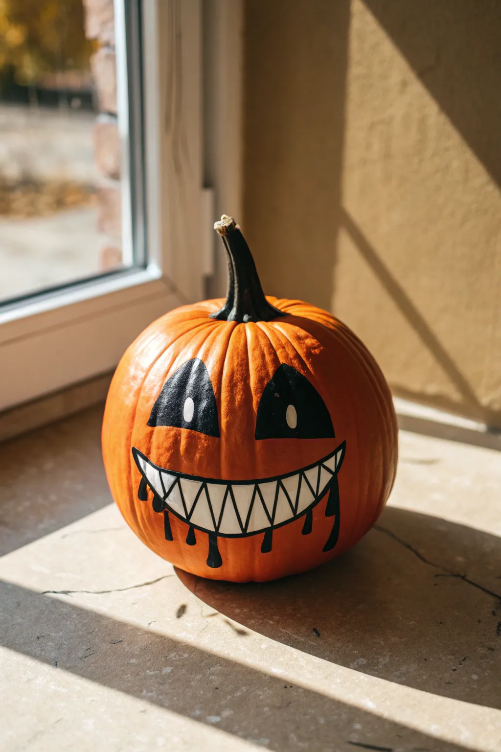 Bold minimalist pumpkin face with black vampire mouth, white fangs, and dramatic paint drips
