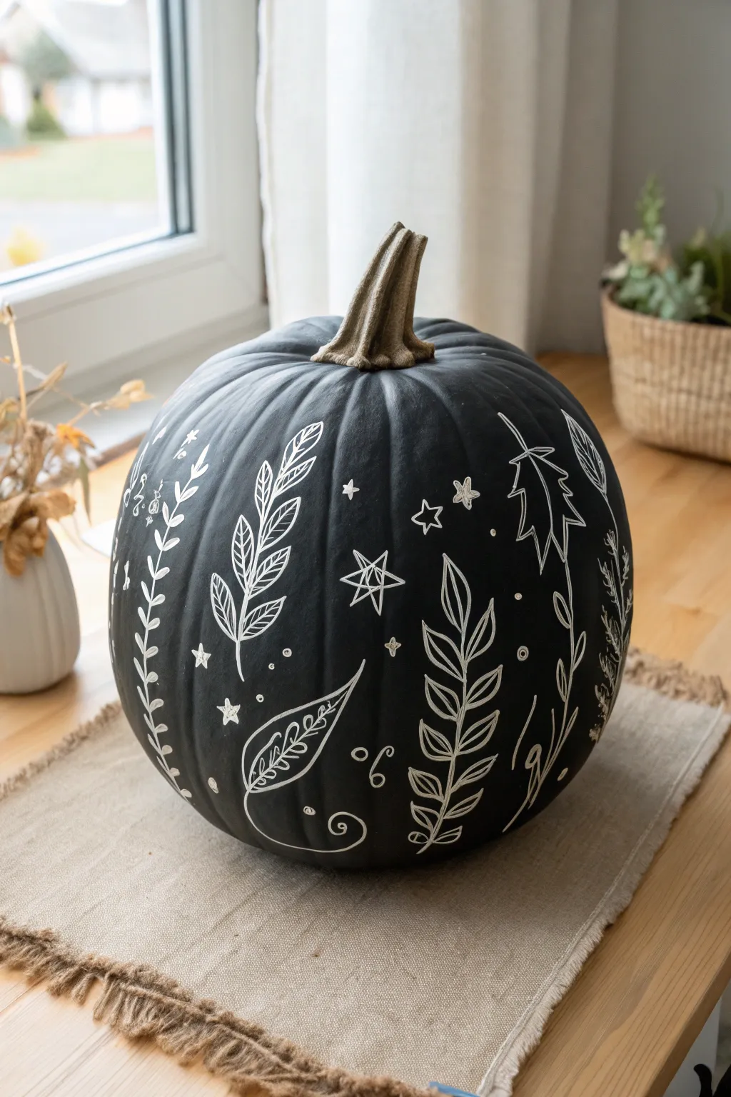 Minimalist chalkboard pumpkin with crisp white doodles, bold contrast for cozy fall decor.