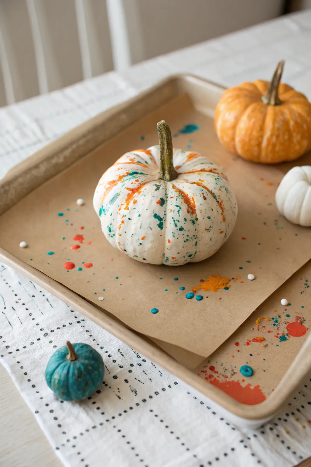 A bold splatter-painted party pumpkin with cute minis, all the mess neatly contained on a tray