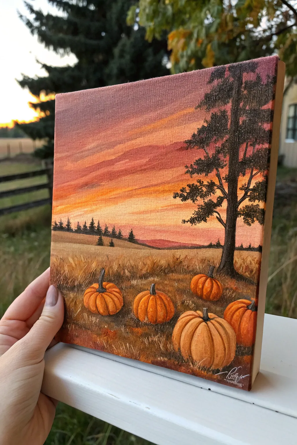 Paint a cozy pumpkin patch sunset with simple layered shapes and bold autumn color pops.