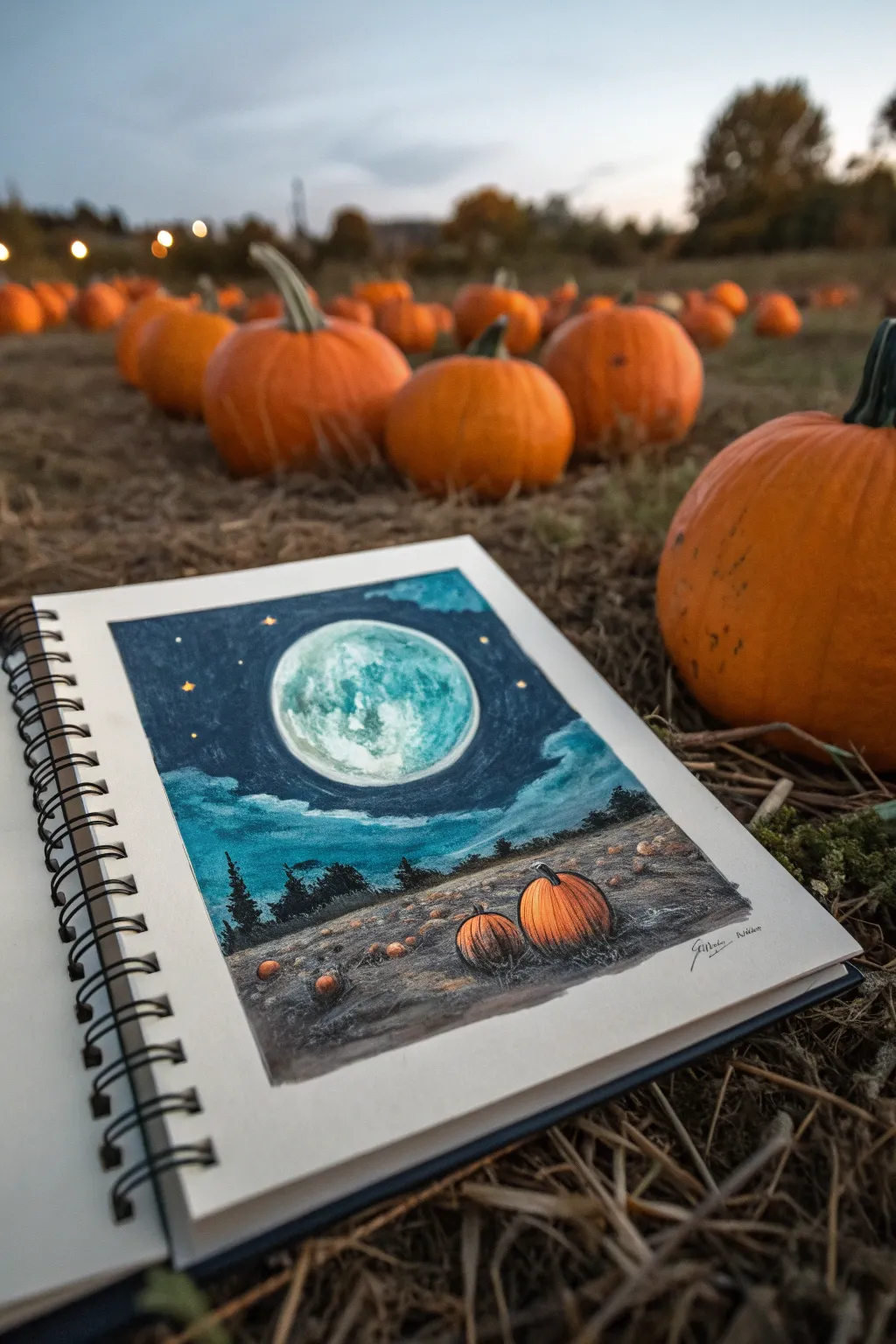 Moonlit pumpkin patch sketchbook page with glowing lantern tones, crisp rim-lit pumpkins, cool shadows