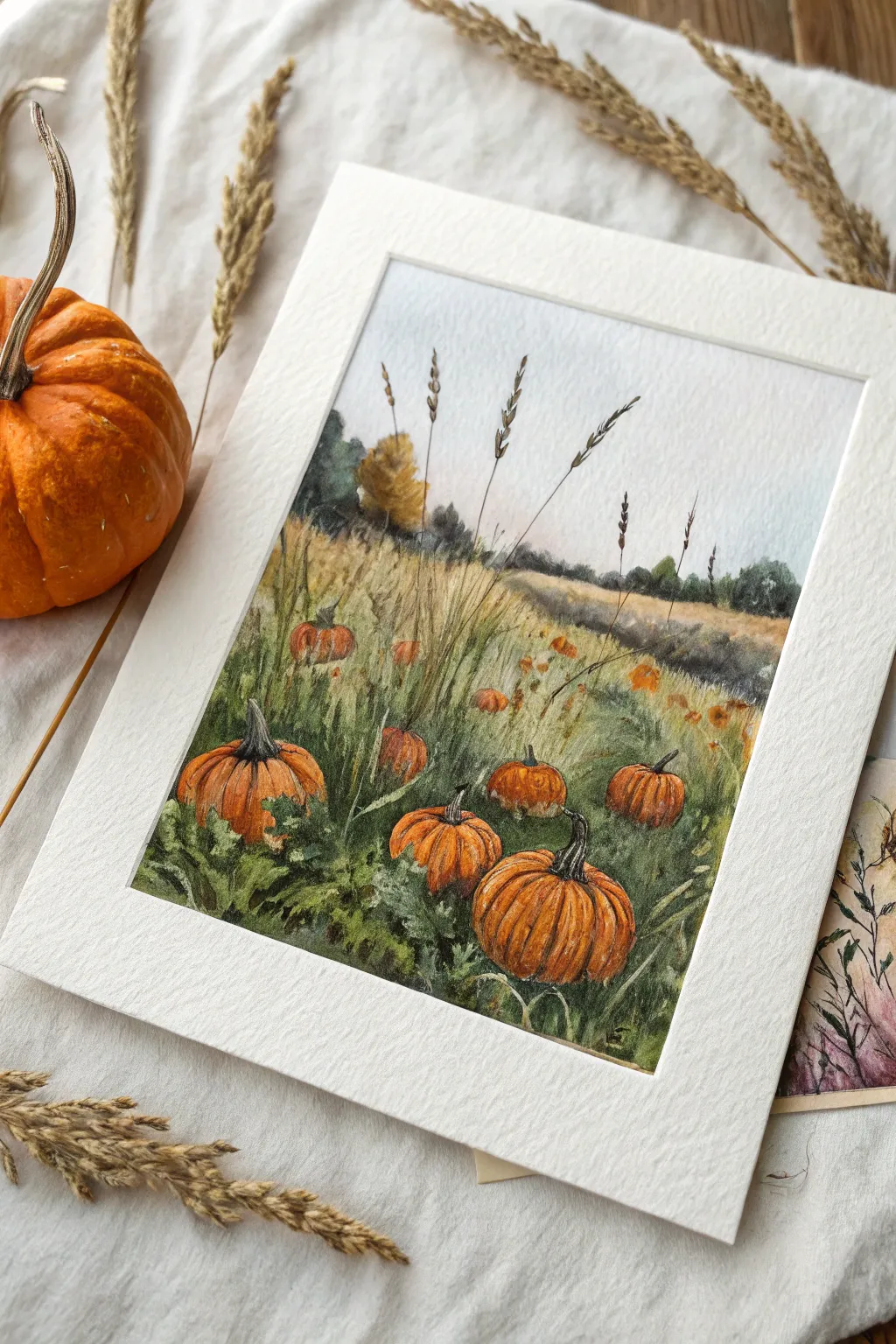 Loose watercolor pumpkins peeking through tall grass for an easy, cozy pumpkin patch painting.