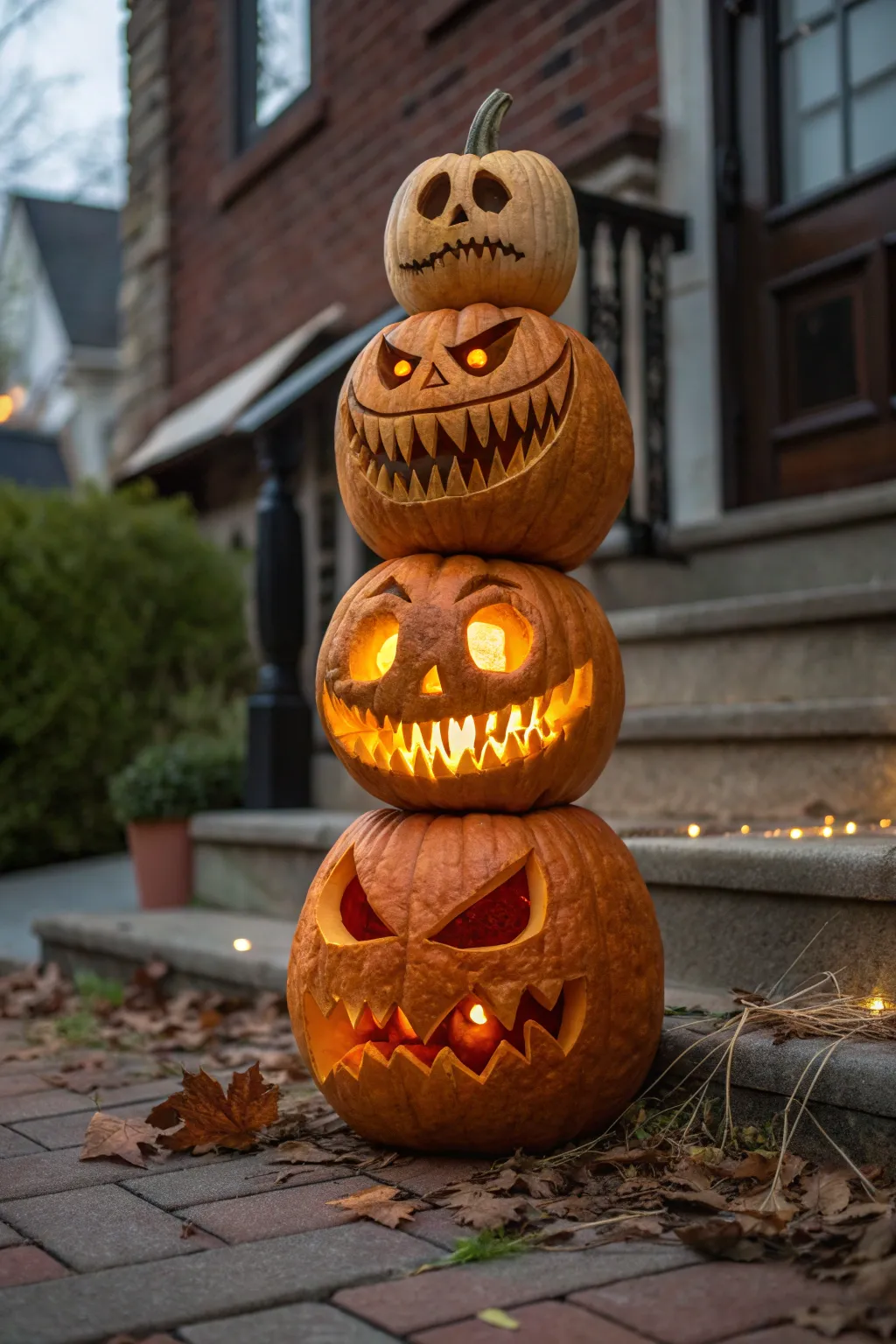 Hand-carved stacked pumpkin totem with three creepy faces, bold minimalist Halloween decor.