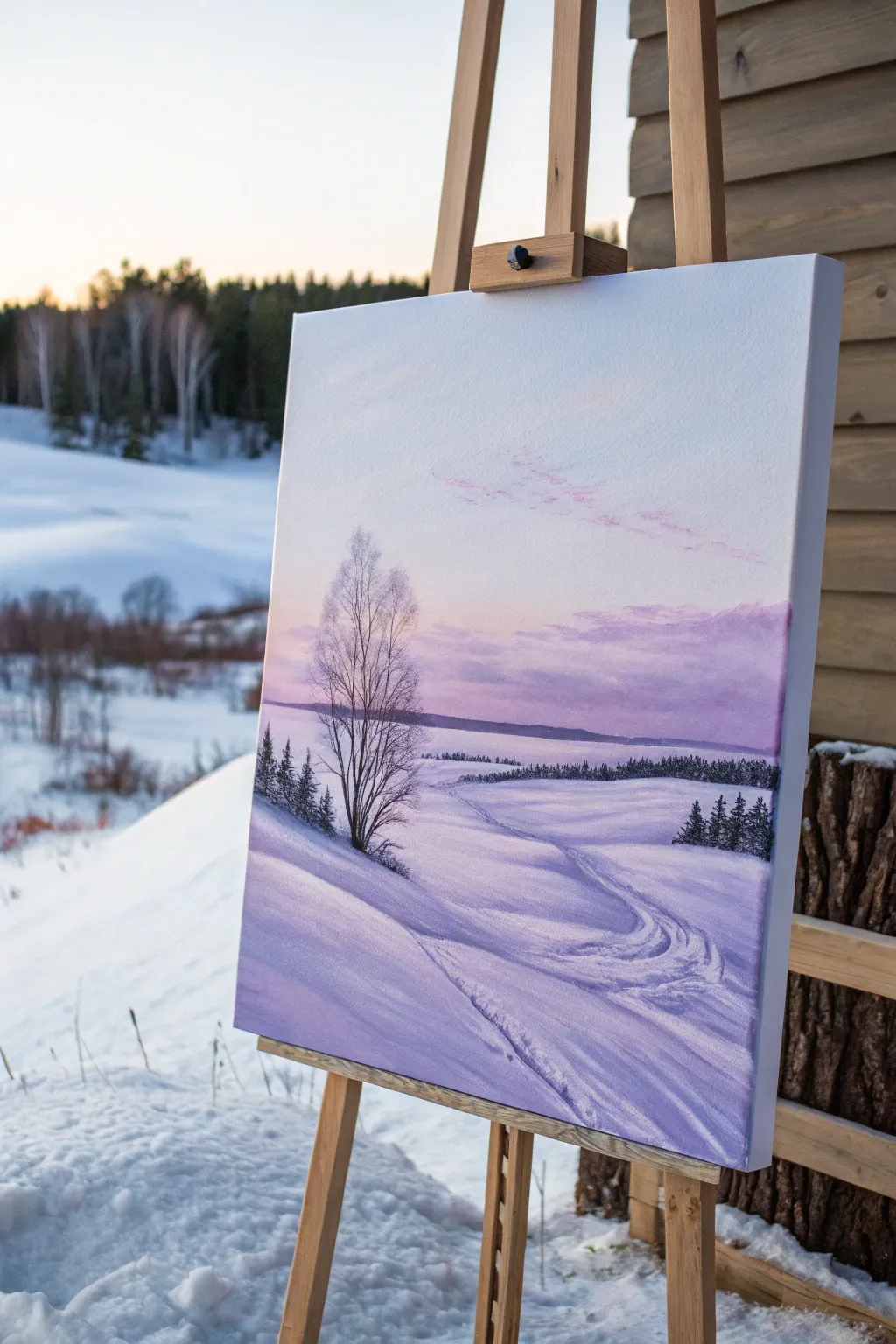 Lavender snow glow with bold indigo shadows, a minimalist purple winter acrylic painting idea