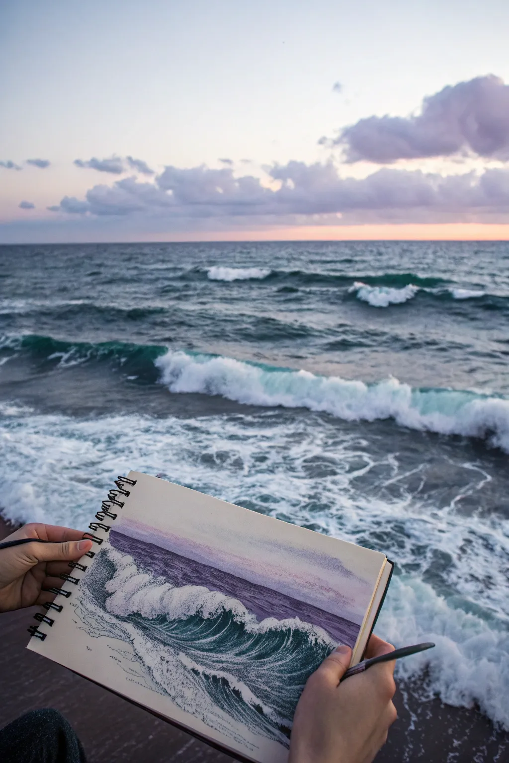 Purple night ocean wave drawing idea with deep violet water, soft foam highlights, and a muted sky