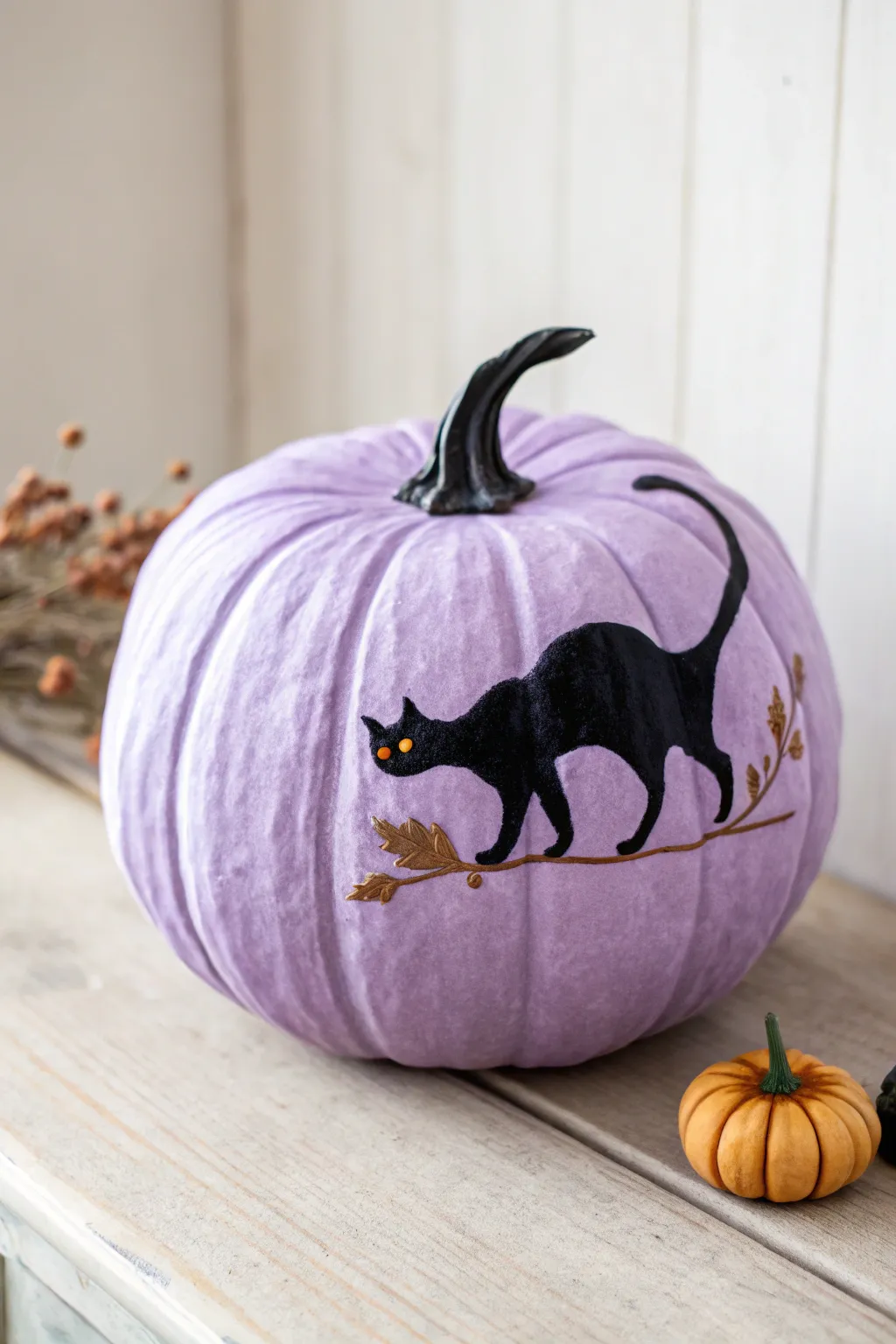 Minimal Halloween charm: a bold black cat silhouette perched on a rich purple pumpkin.