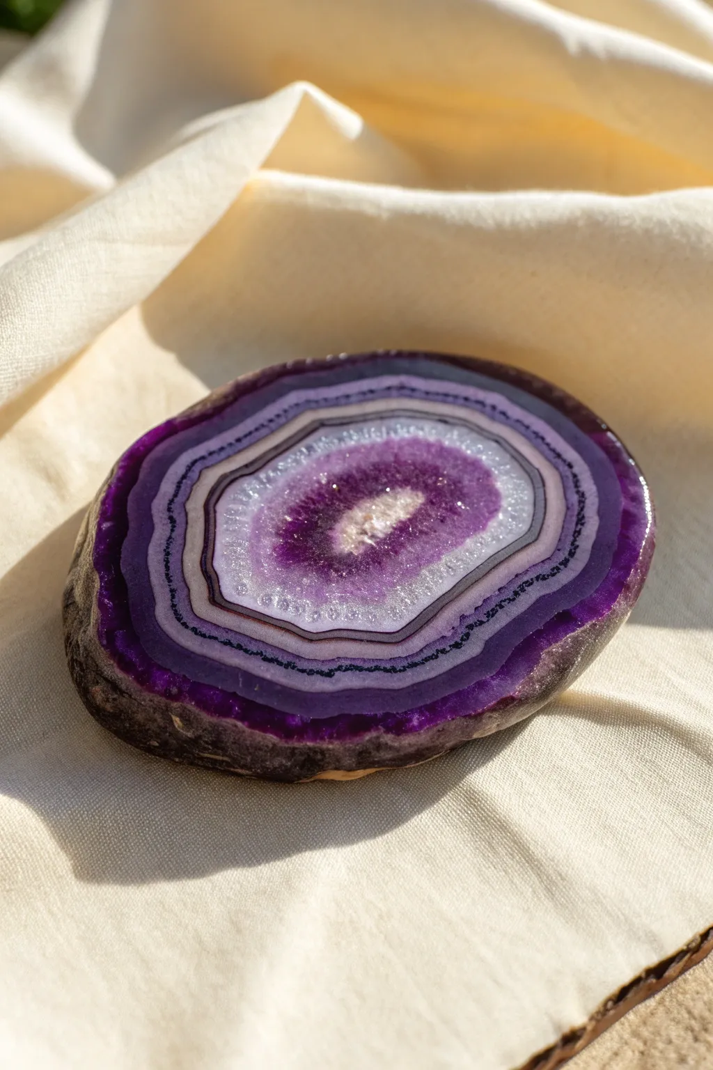 Purple geode slice illusion rock painting with bold concentric rings and luminous highlights
