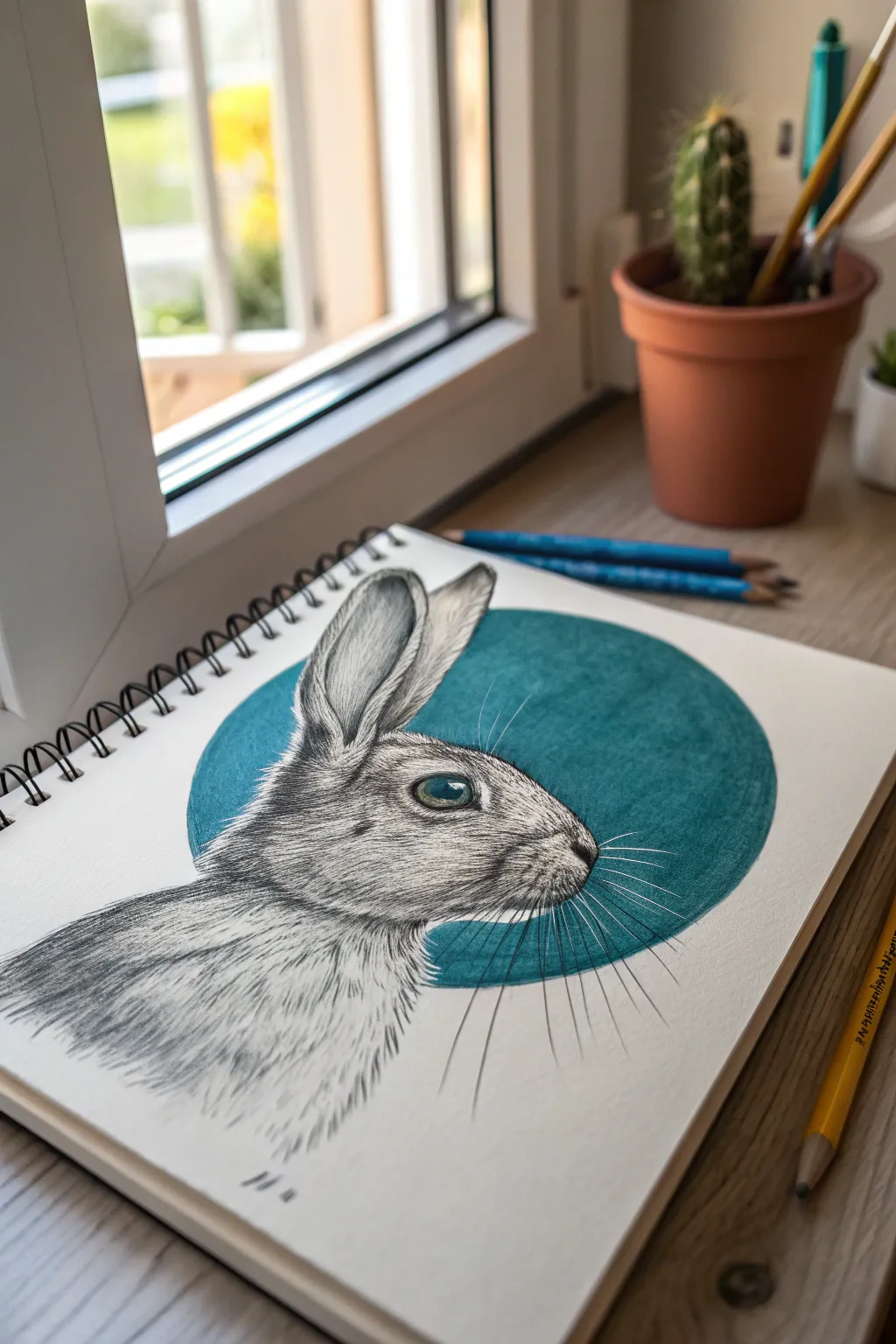 Realistic rabbit head shading study with soft eye highlight and crisp whisker details