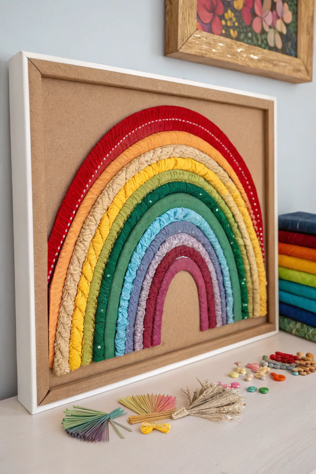 Found-materials rainbow collage with bold color bands and beautifully organized texture piles