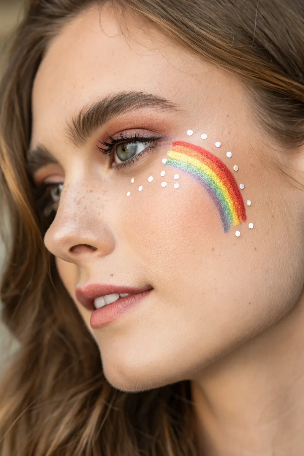 Rainbow arc and teardrop gradients under the eye, finished with tiny glossy white dots