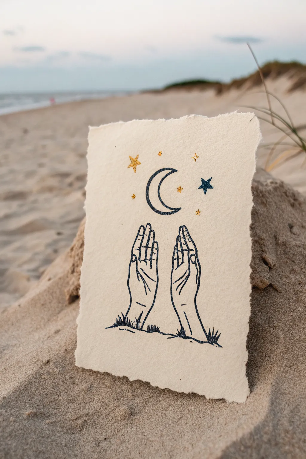 Minimal Ramadan drawing: gentle dua hands under a crescent moon, calm Scandinavian-boho vibe.