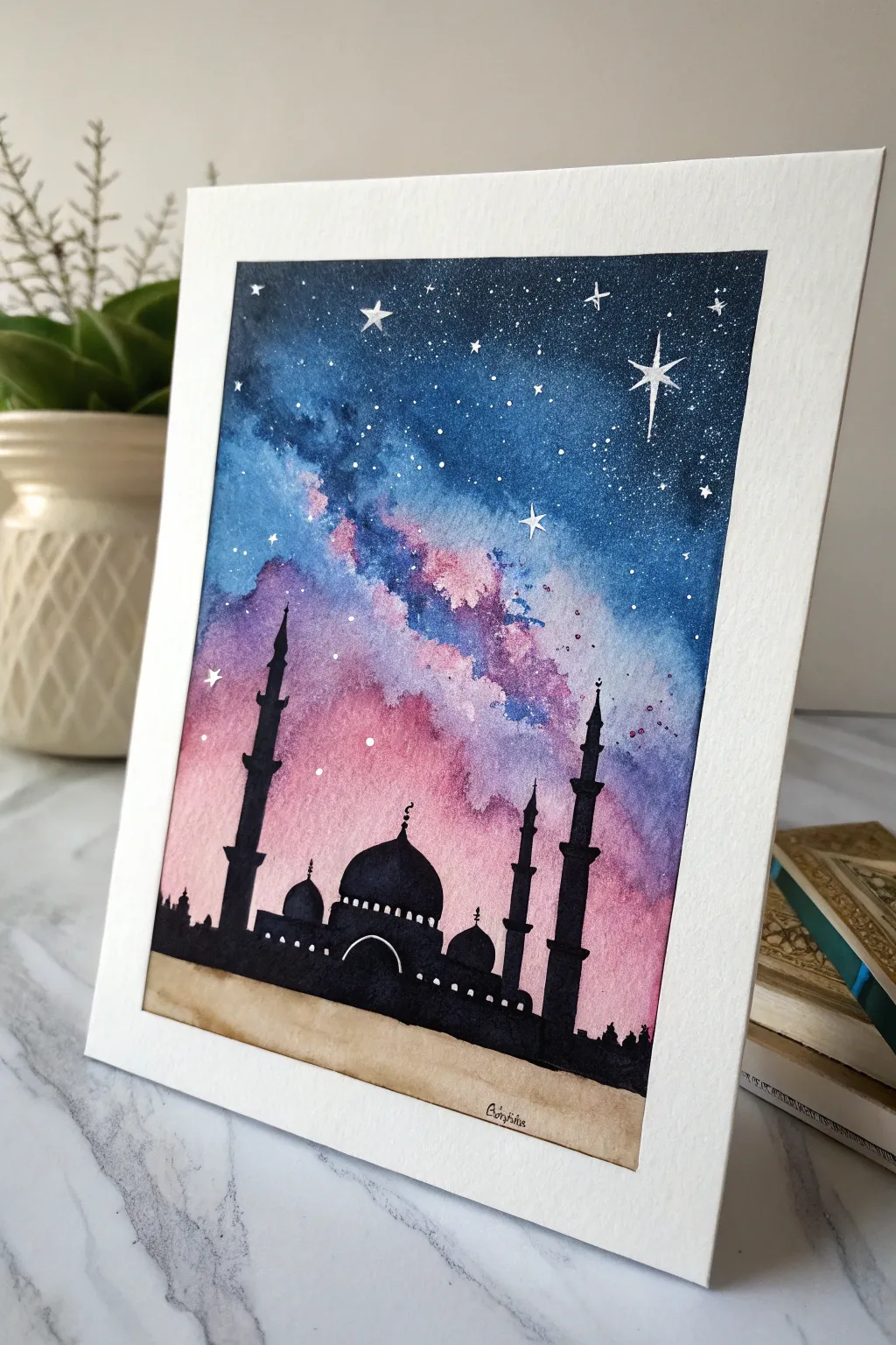 Paint a Ramadan night: a crisp mosque silhouette against a dreamy galaxy sky with star splatter.