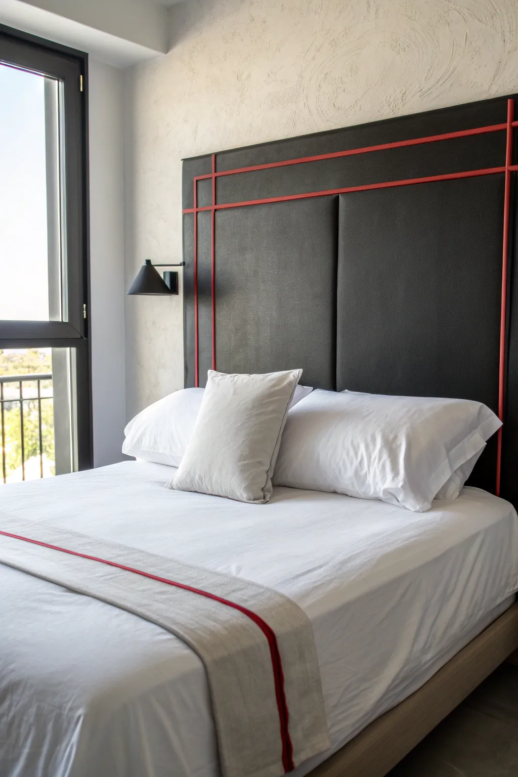Minimalist painted headboard illusion in bold black with a crisp red outline for striking contrast