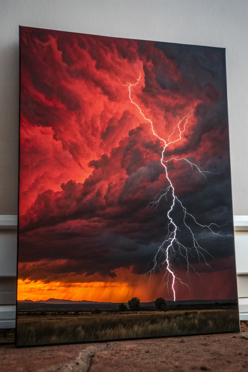 Red Storm Sky with lightning: deep crimson drama, dark clouds, and bold minimalist contrast.