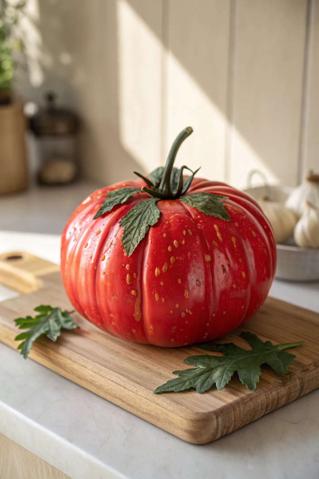 A red pumpkin painted like a giant tomato for a chic, funny kitchen centerpiece