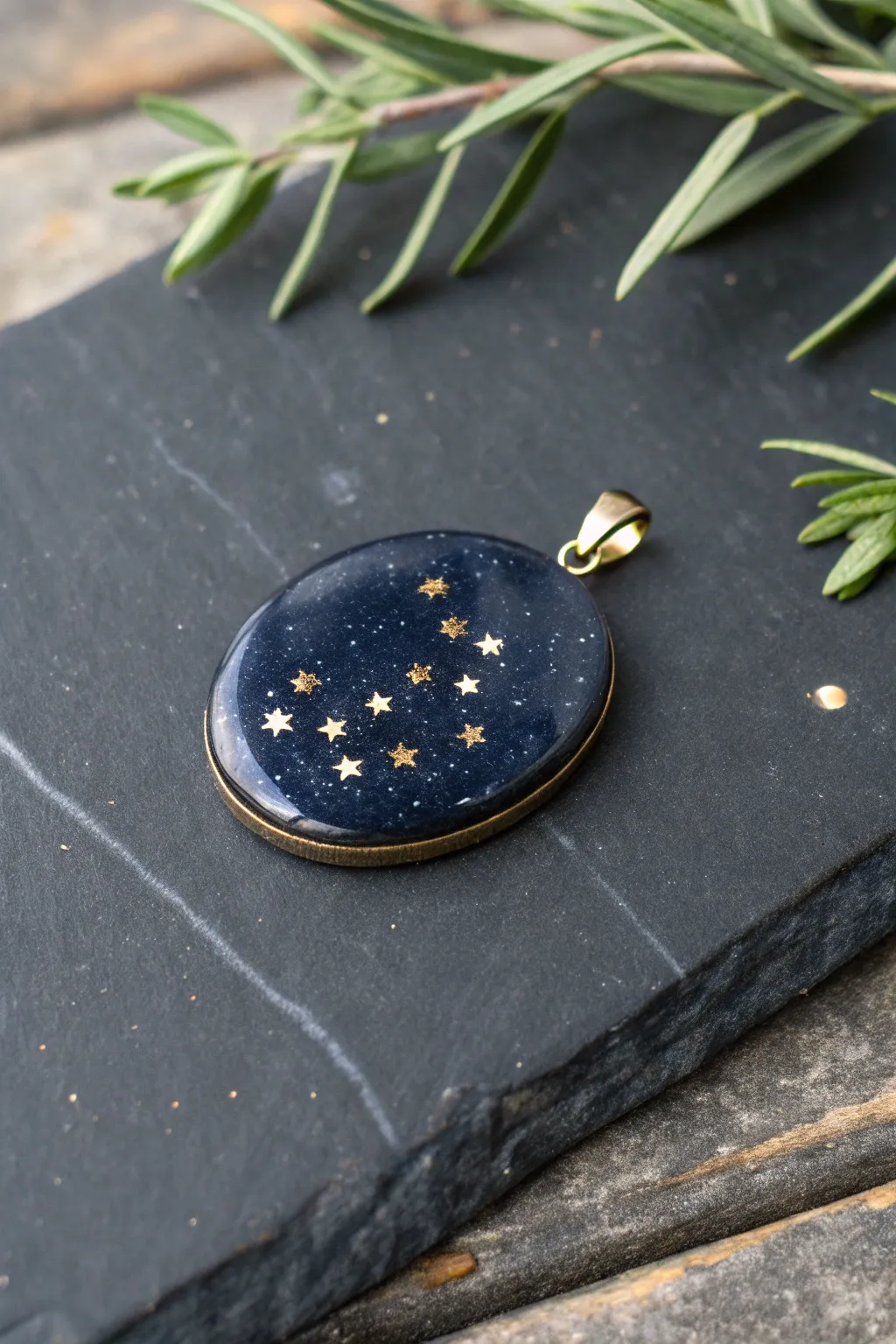 DIY constellation resin charm: tiny metallic dots on midnight resin for a minimalist boho look