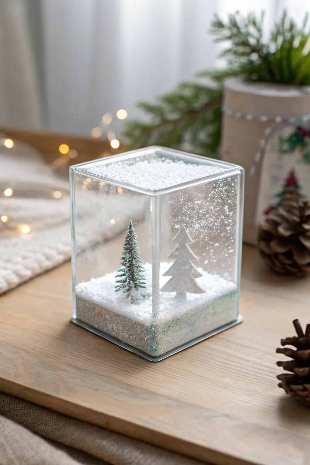 Snow globe resin cube with suspended glitter snowfall and cozy winter calm in minimalist style