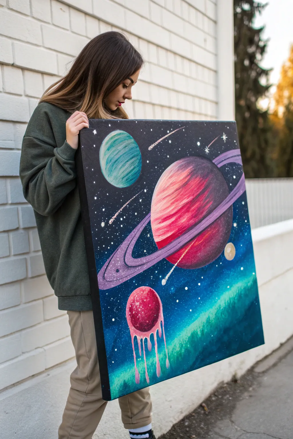 Space-age retro canvas with bold ringed planet, dreamy gradients, and surreal upward paint drips