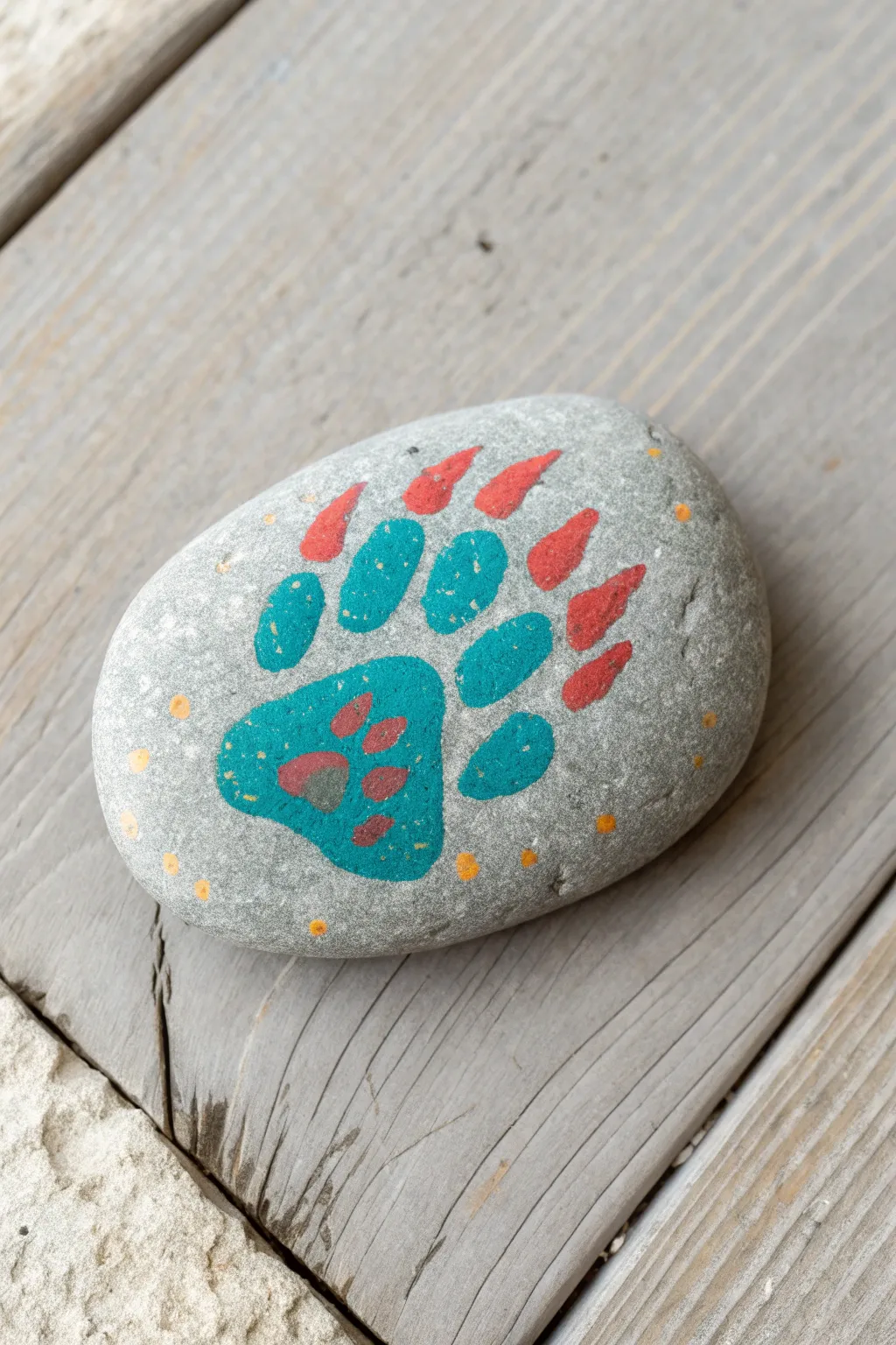 Bright dinosaur footprint rock with a minimalist boho vibe, perfect for a kids painted rock trail