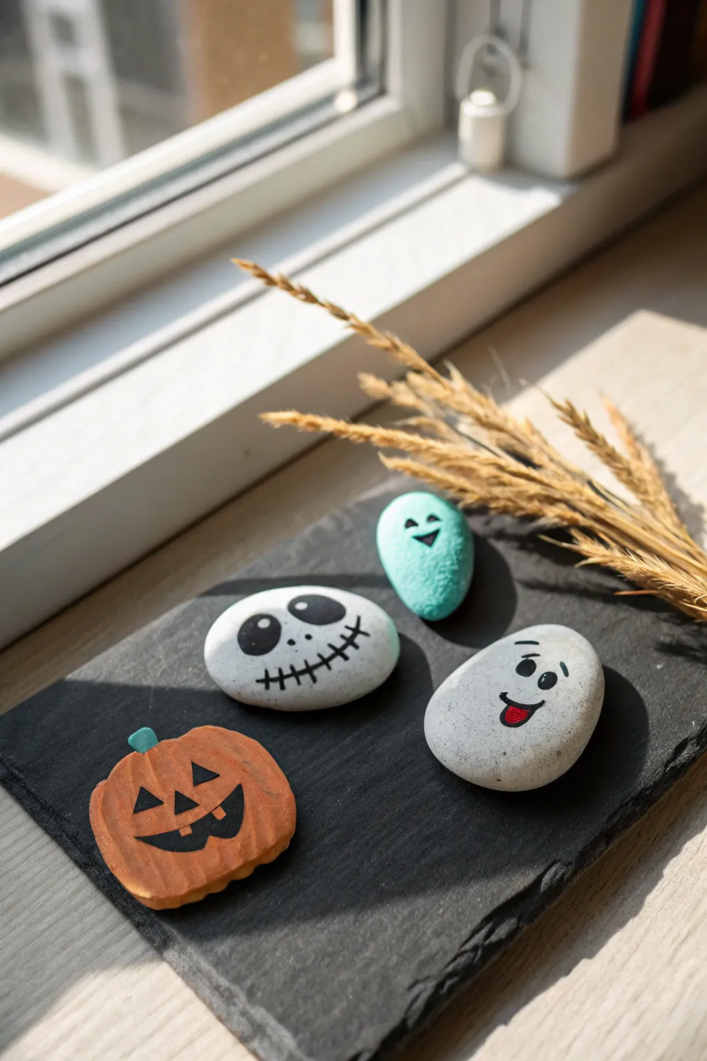 Cozy Halloween rock characters in bold handmade colors on dark paper, minimal and Pinterest ready