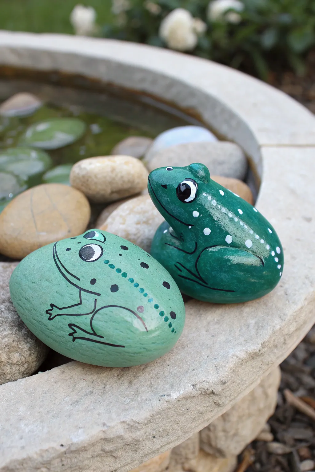 Bright frog and toad rocks by the birdbath, a playful pop of color for your garden