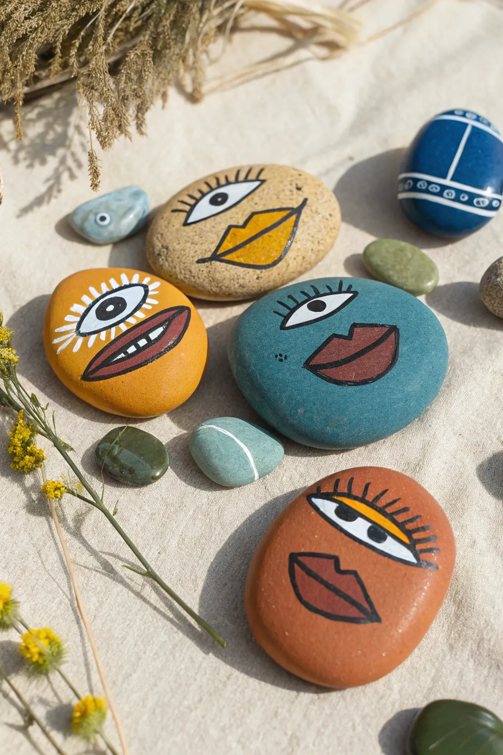 Swap eyes and mouths to create endless funny expressions with these colorful painted rocks! 🎨✨