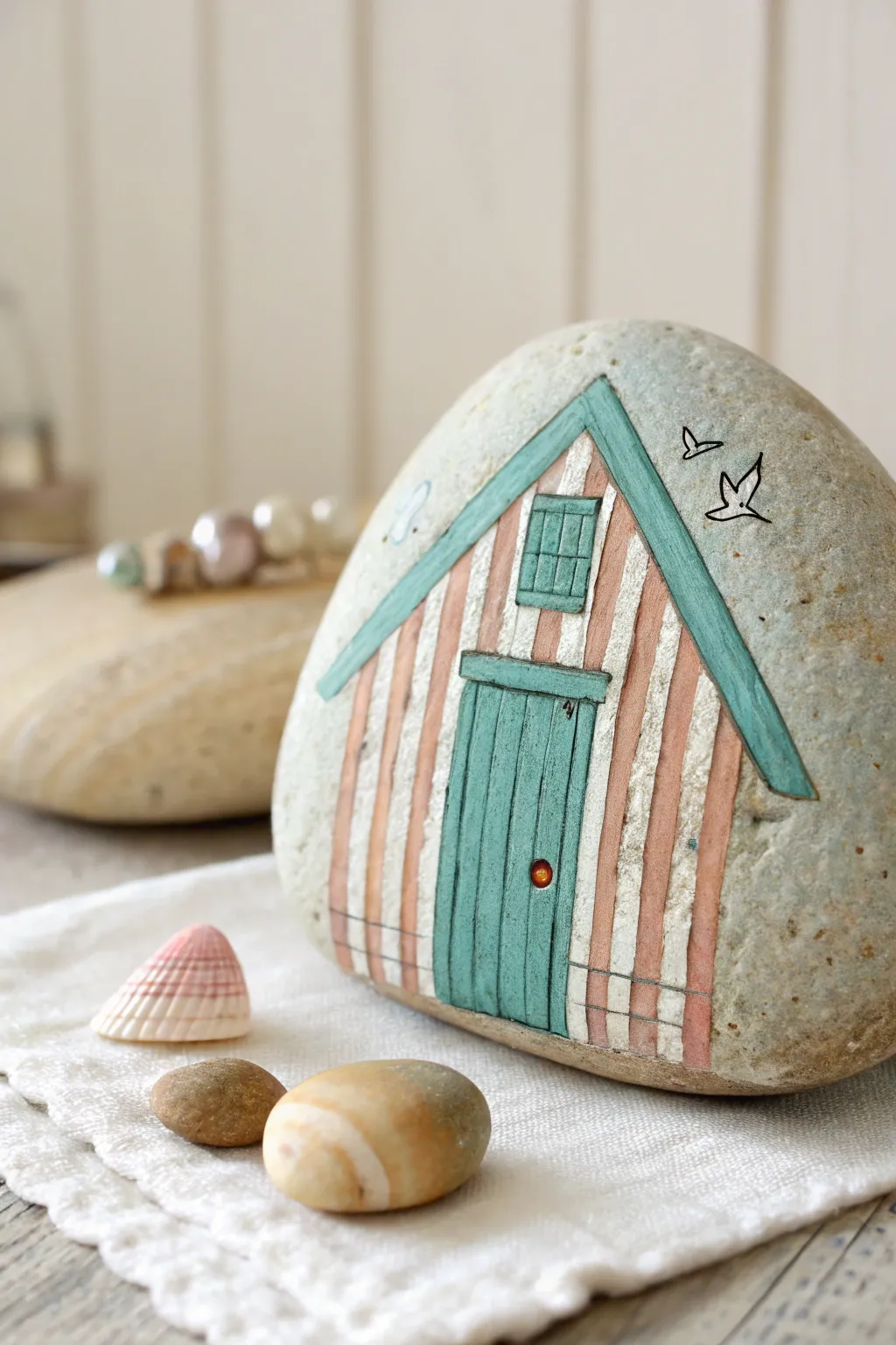 Beach hut house rock painting with weathered stripes and a tiny shell, breezy coastal charm