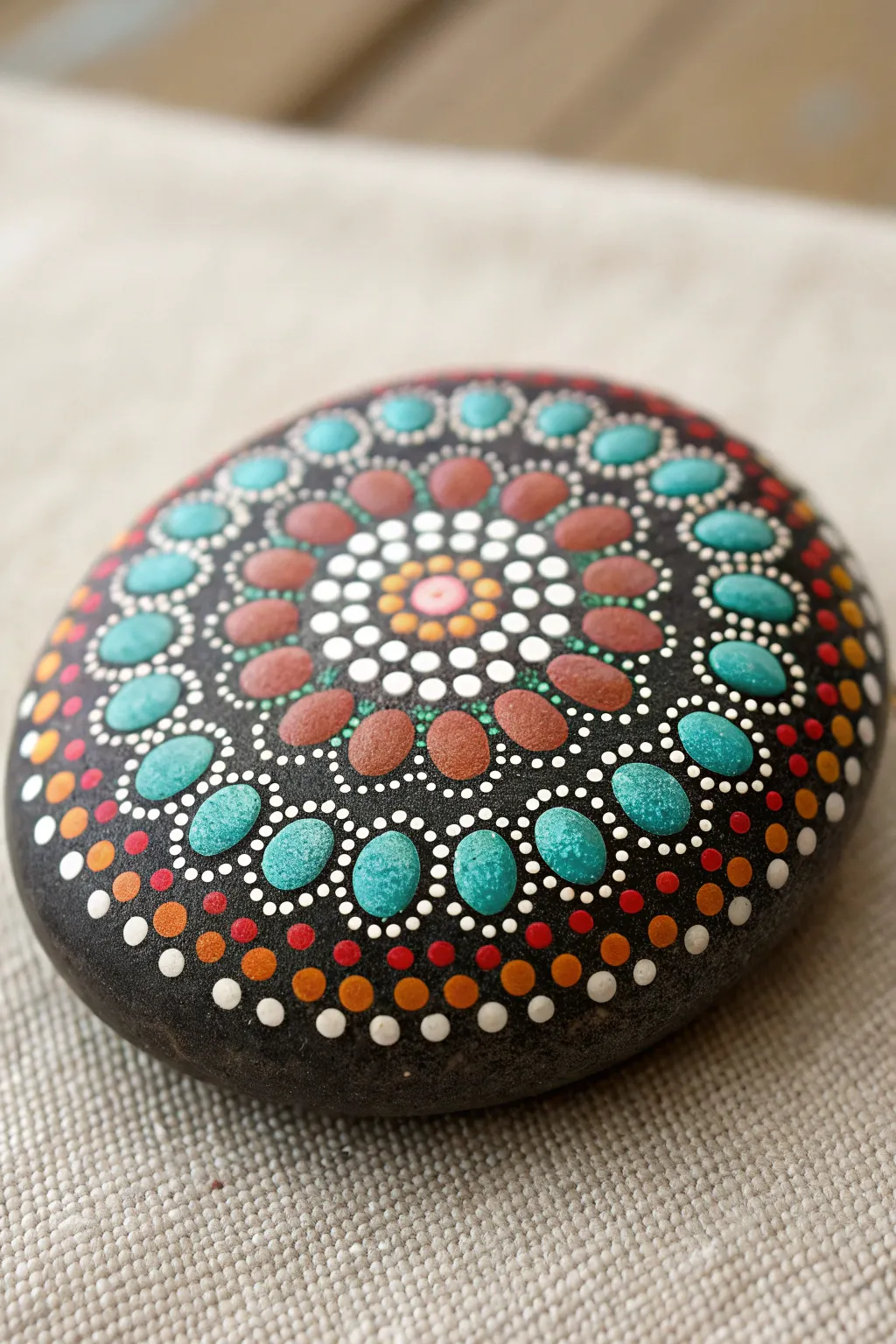 Center-out dot mandala rock in bold hues, ultra crisp texture and clean spacing on dark stone