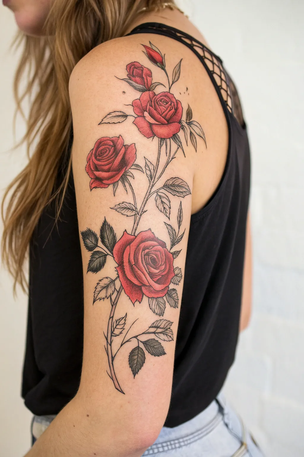 Rose bouquet half-sleeve concept: full bloom, half-open rose, and bud flowing down the arm