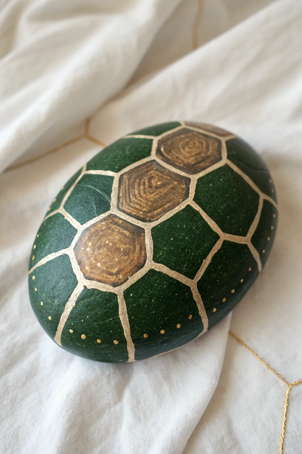 Turtle shell geometry on a round rock, bold earthy tones with soft 3D shading.