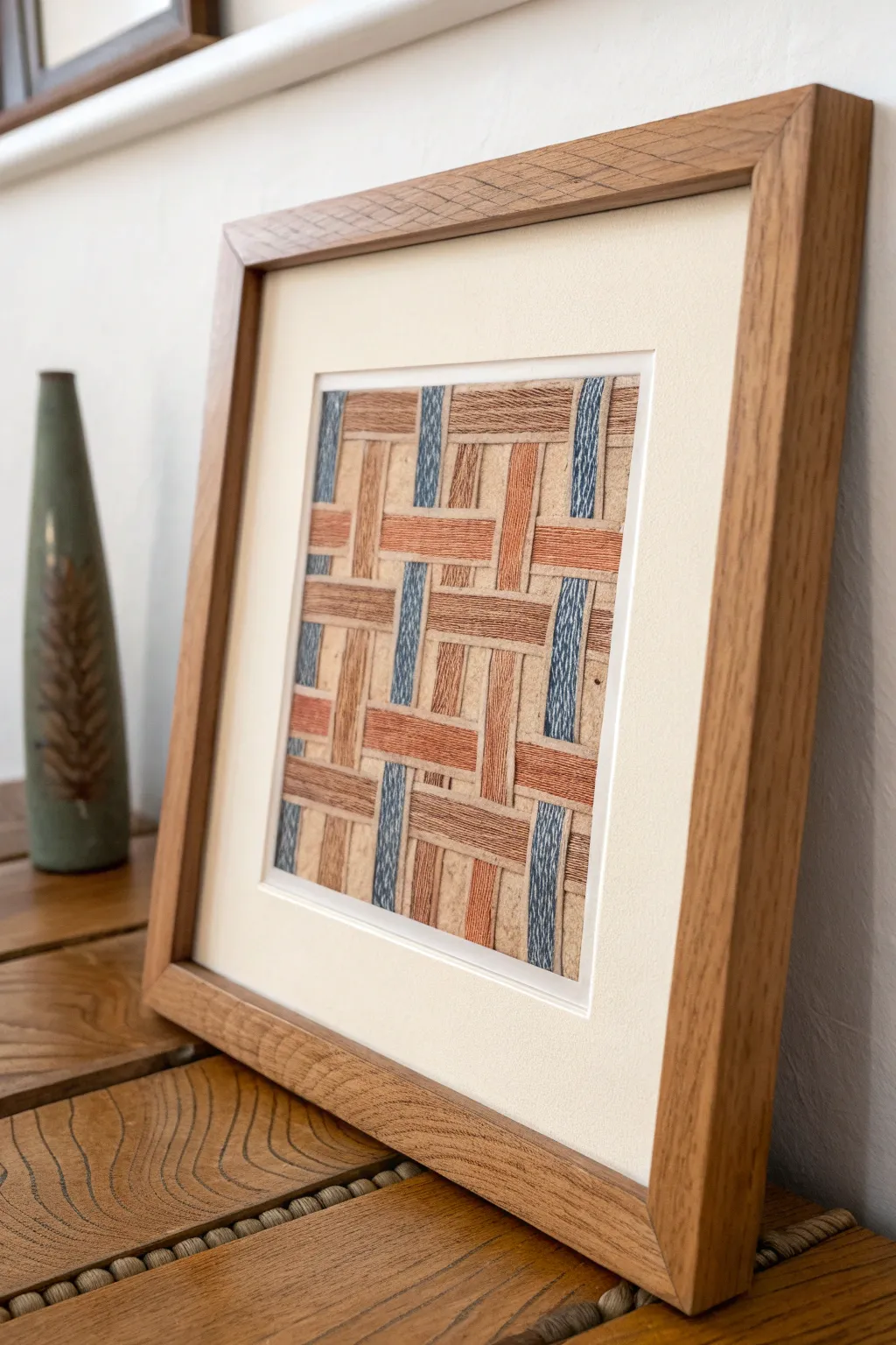 Rustic basket-rubbing wall art with airy paint washes, bold earthy tones, and a simple oak frame.