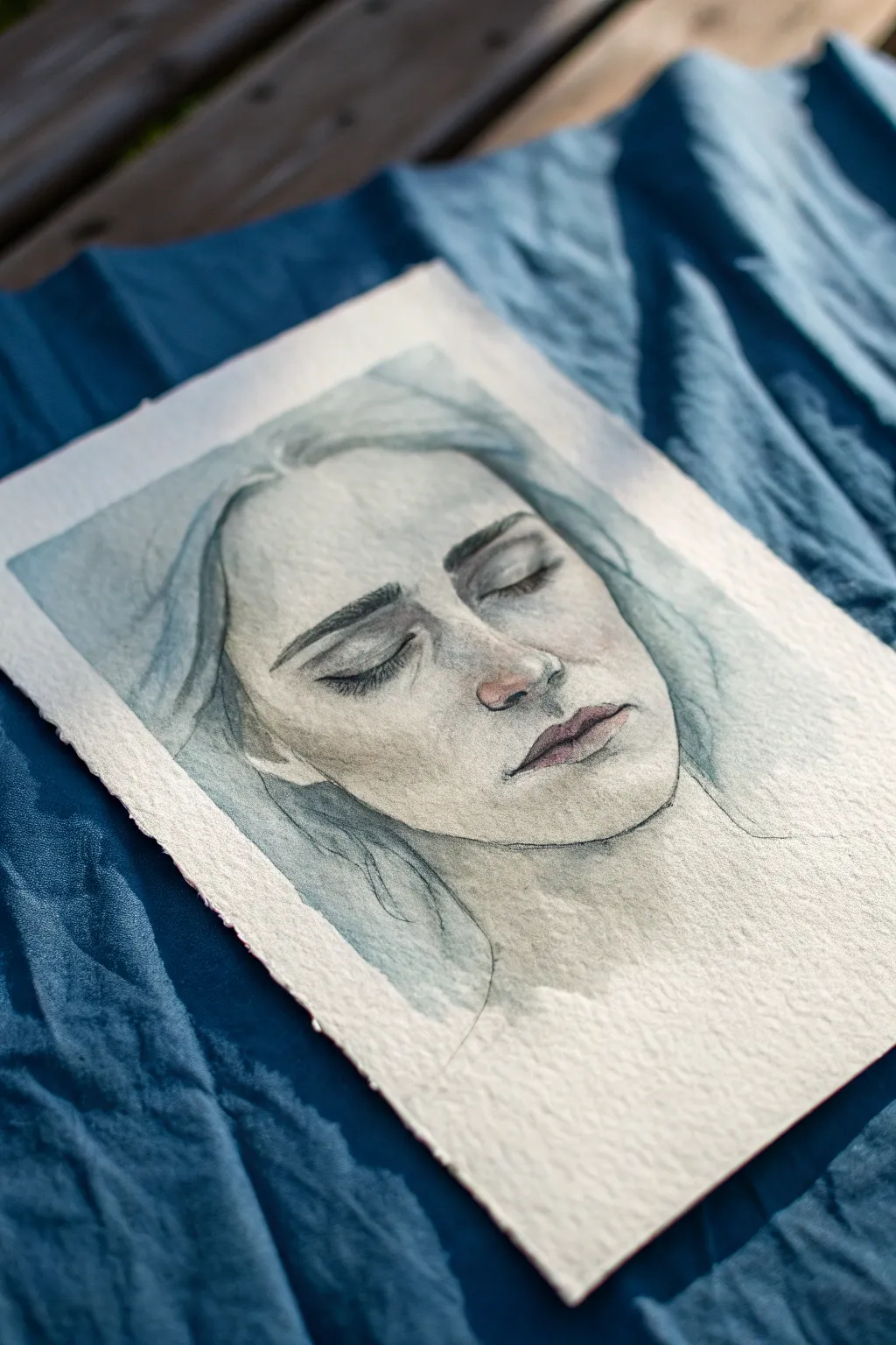 Muted gray self-portrait with unfinished edges, downcast eyes, and a quietly fragile mood