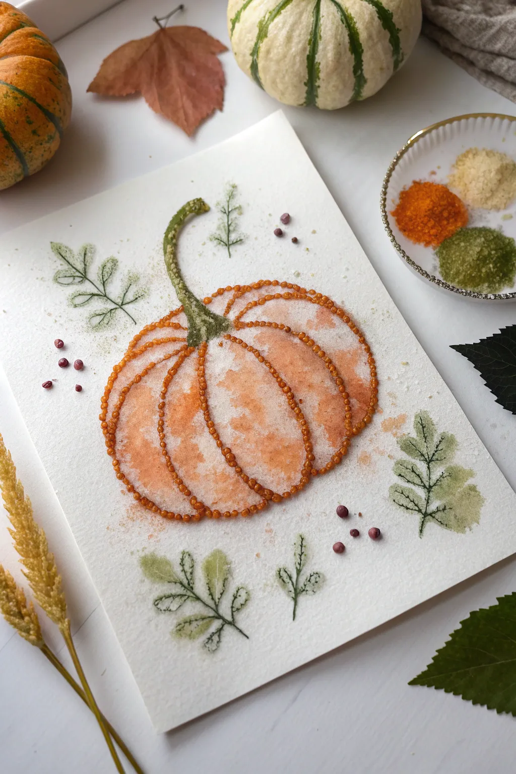 Pumpkin and vine salt painting with bold autumn washes and sparkling raised texture