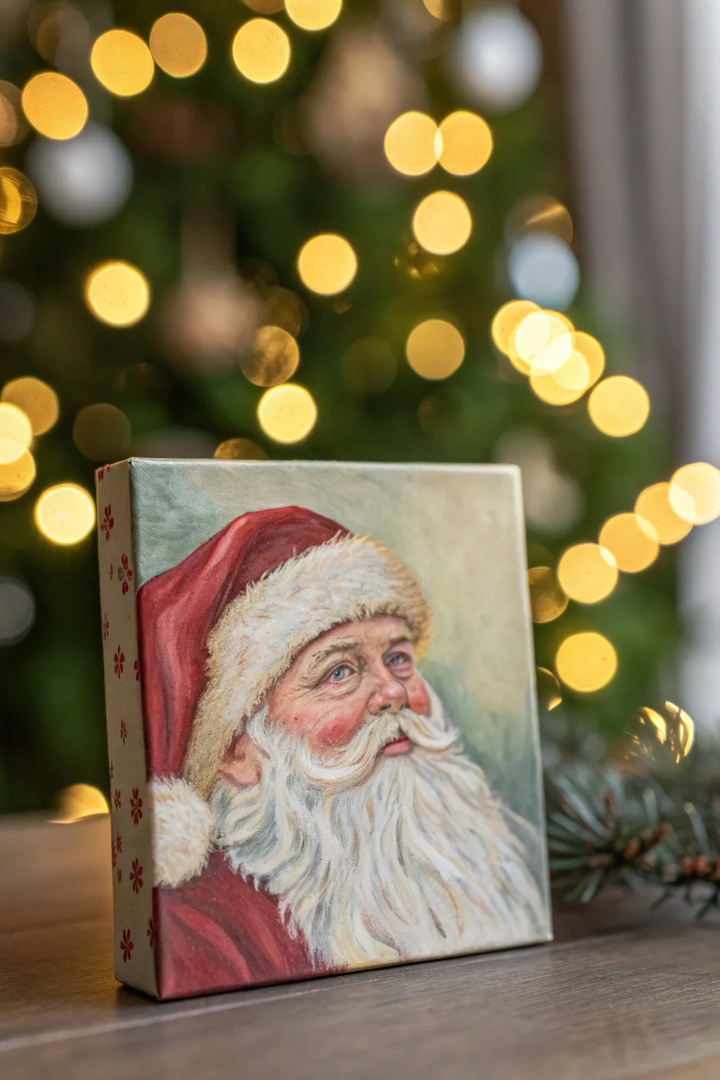 Minimal Santa bust painting with warm golden bokeh glow for a cozy Scandinavian holiday vibe