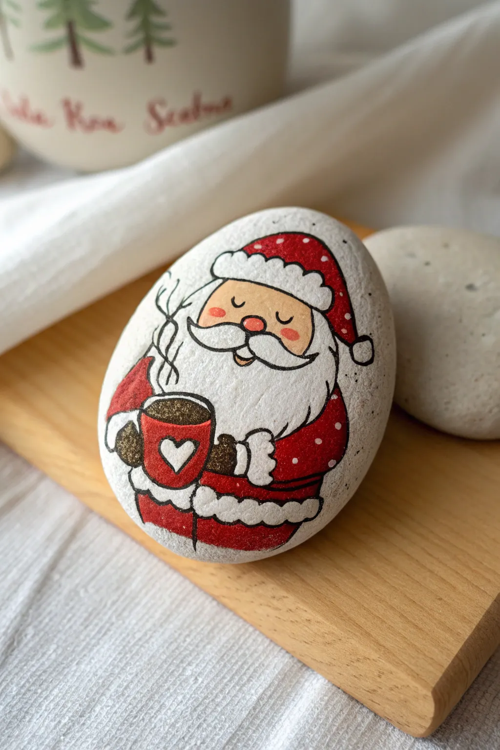 Cozy Santa rock art: cheerful Santa cradling a steaming cocoa mug in bold holiday colors.