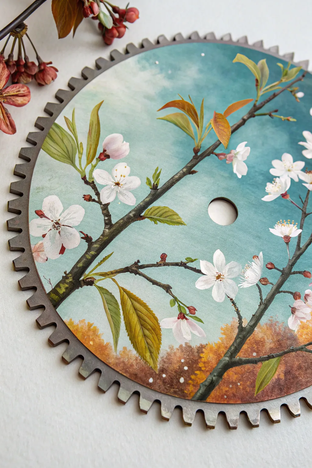 Four seasons on one saw blade, cohesive horizon line, bold color blocks with cozy boho vibes