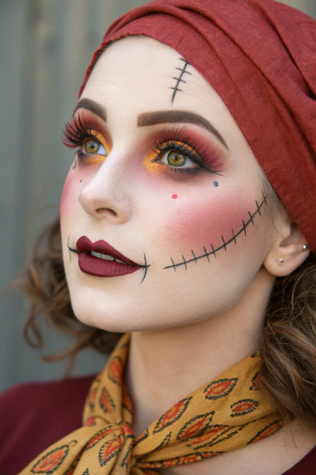 Cute-meets-creepy scarecrow doll face paint with rosy cheeks, bright eyes, and stitched overlined lips