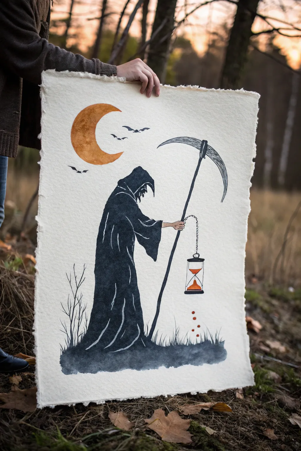 Minimalist Grim Reaper sketch with scythe and hourglass, bold moonlit contrast for Halloween