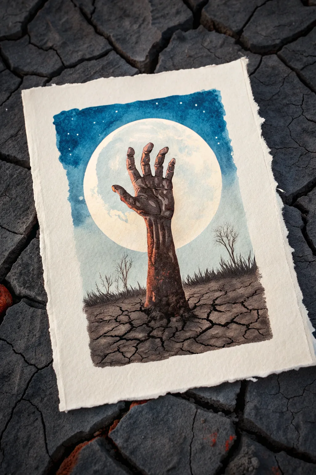 Minimalist moonlit zombie hands clawing through cracked soil, perfect for eerie Halloween art.